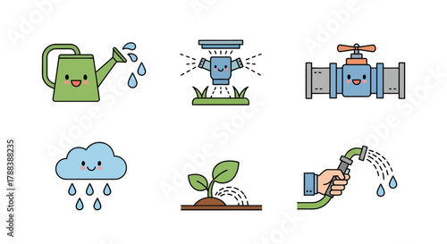 Delightful iconographic illustration depicting watering scenarios with adorable characters