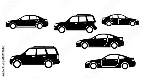 Diverse assortment of car silhouette styles showcasing automotive design in black and white