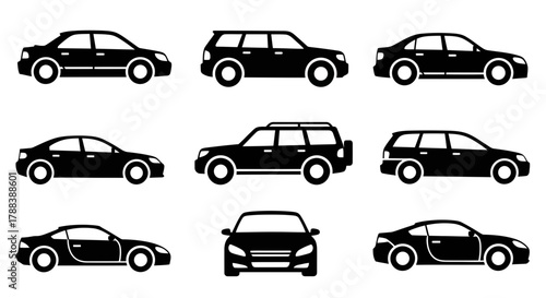 Diverse collection of black car icons on white, showcasing various vehicle silhouettes