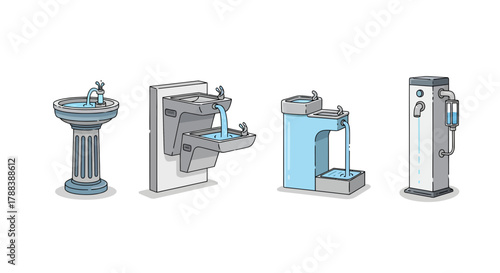 Diverse Drinking Fountains Showcasing Varied Designs for Public Hydration Stations Options