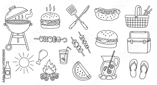 Doodle style summer barbecue collection with outdoor grilling and picnic elements line art