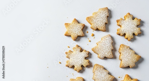 Delicious homemade buttery shortbread biscuits cut into festive holiday shapes, dusted with sugar and beautifully arranged for a seasonal celebration, tree, dessert, dusting