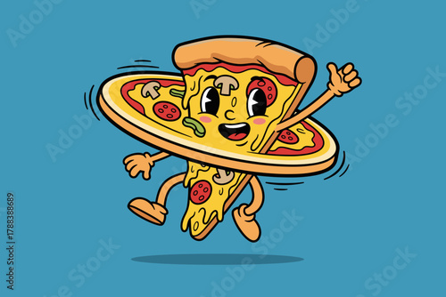 Happy Pizza Slice Cartoon Character Jumping with Thumbs Up.