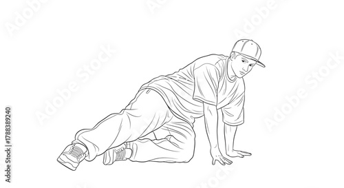 Dynamic black and white illustration depicting a breakdancer in a stylish pose on a white background