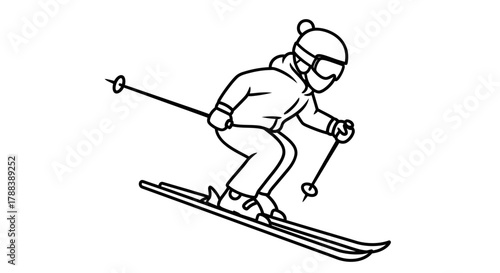 Dynamic monochrome illustration showcasing a skier racing downhill with great zeal