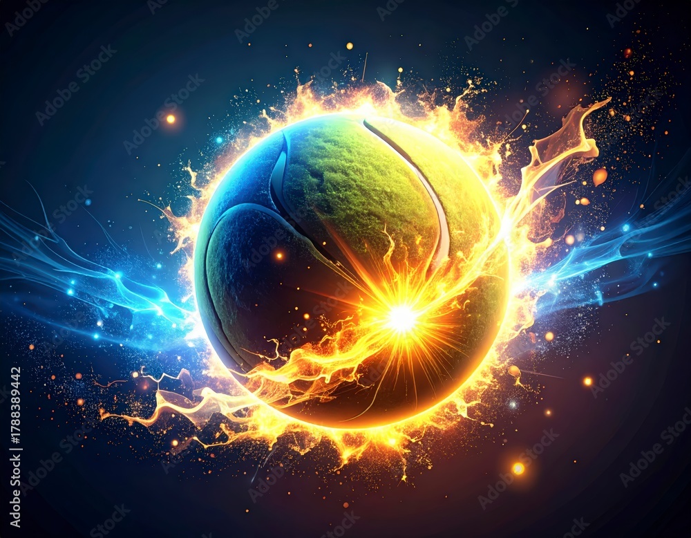 Obraz premium Dynamic Tennis Ball Ablaze with Fiery Energy and Electric Streaks Illuminating the Cosmic Dark