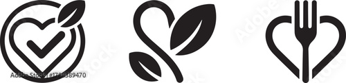Three black icons representing healthy food and organic certification symbol