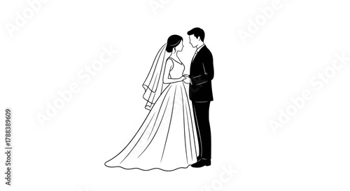 Elegant monochrome illustration of a bride and groom embracing on their wedding day