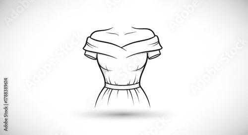 Elegant off-shoulder dress sketch illustration with soft drapery and flattering silhouette