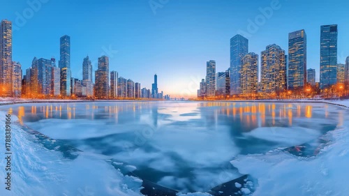 Panoramic dusk view of a city skyline, reflected in icy water, with a cold, clear, blue sky