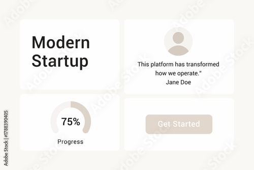 Modern startup web UI bento grid featuring testimonial card, progress chart, and call-to-action button in light neutral tones. Flat minimalist vector design concept.
