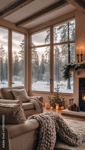 Cozy winter living room with a snowy forest view at dusk