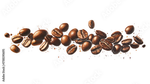 Floating roasted coffee beans with rich brown texture and aromatic flavor showing natural caffeine ingredient detail isolated on white background