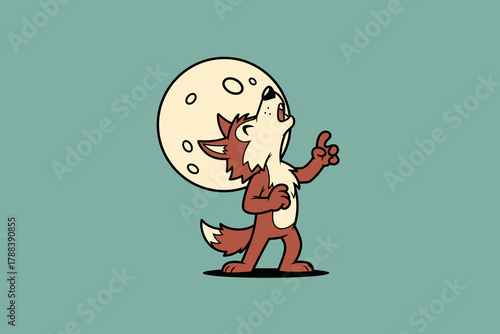 Charming cartoon wolf howling at the full moon with expressive g