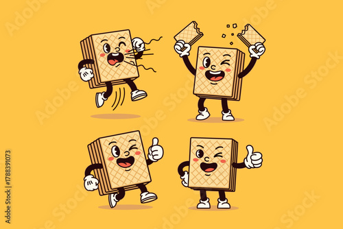 Cute cartoon wafer characters with various happy expressions and