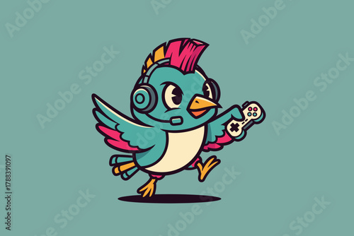 Cute Cartoon Bird Gamer with Headset and Controller.
