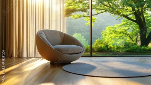 Room scene with modern chair, rug, large window and a view of trees, sunlight beams in