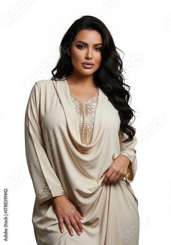 Portrait of a beautiful plus-size woman with long dark hair wearing an elegant beige traditional caftan with gold embroidery, posing confidently on a black studio background