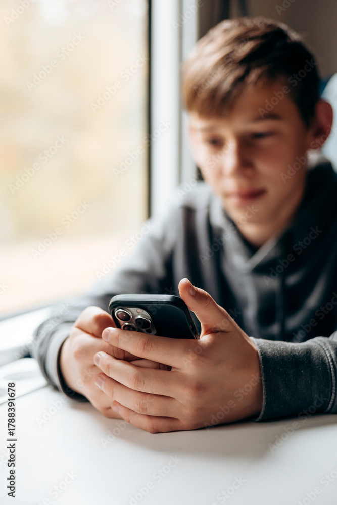 Fototapeta premium Teen traveler using smartphone on train, modern digital lifestyle concept.