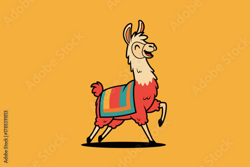 Happy cartoon llama with colorful blanket walking playfully.