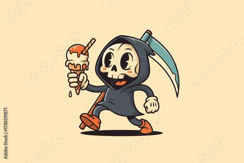 Cute Grim Reaper Character Enjoying Ice Cream Cone.