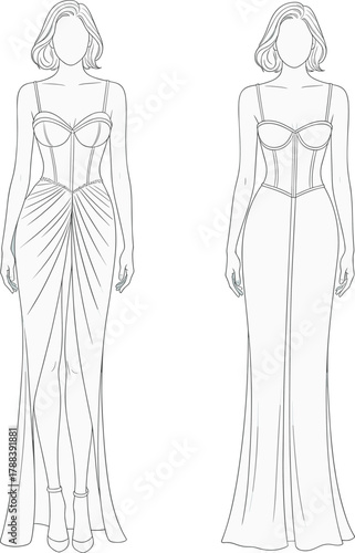 Elegant evening dress fashion design, corset gown technical sketch, dressmaking pattern illustration, couture flat vector, CAD drawing flat vector illustration