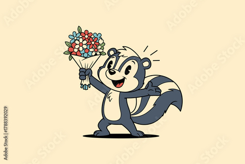 Happy Skunk Holding a Bouquet of Flowers Cartoon Illustration.