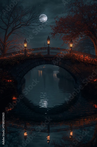 Moonlit bridge over calm waters in a serene nighttime setting
