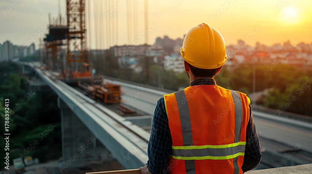 Fototapeta premium Civil engineer observing bridge construction, largescale infrastructure supervision theme
