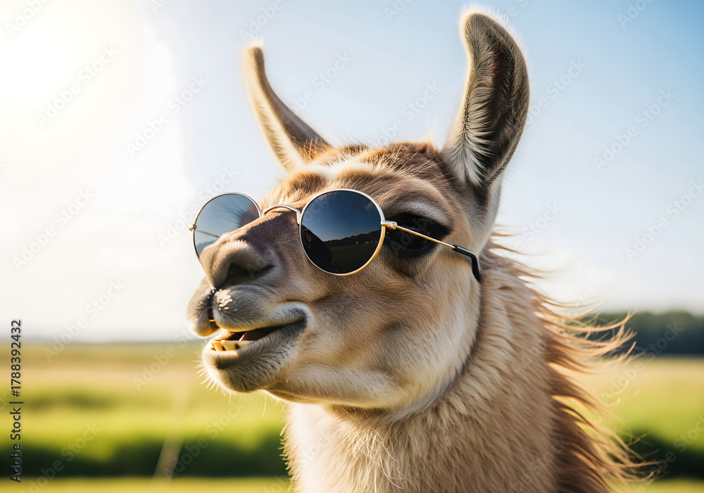 Obraz premium Portrait of a cool llama wearing round sunglasses in a sunny field.