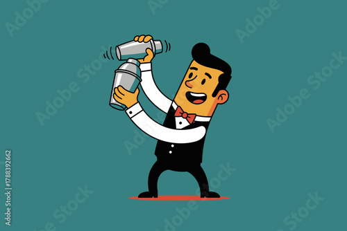 Animated bartender expertly shaking a cocktail shaker with a che