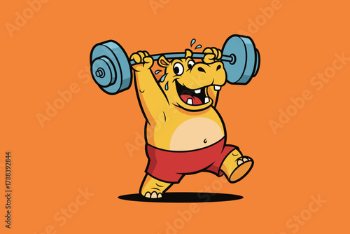 A cheerful cartoon hippo joyfully lifts a heavy barbell demonstr