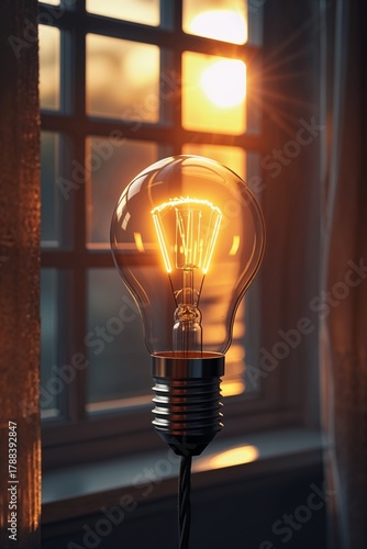 Warm light bulb shining beside a window during sunset