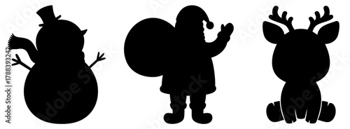 Christmas silhouette set with Santa Claus, reindeer and snowman