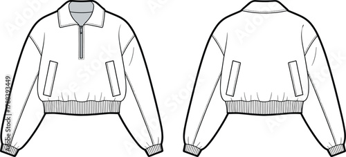 Half zip bomber jacket fashion flat sketch, cropped outerwear technical drawing, streetwear garment design illustration, detailed clothing CAD drawing flat vector illustration