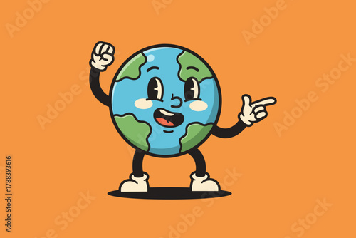 Happy cartoon Earth character pointing cheerfully with a friendl