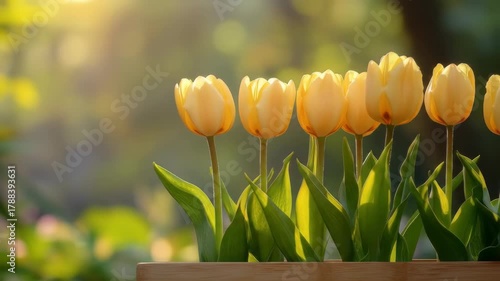 Row of radiant yellow tulips in a wooden planter, backlit by a soft, warm sunlight