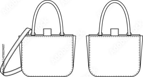 Handbag technical drawing, vector fashion design template, flat CAD illustration, tote bag sketch, accessory outline, editable mockup, leather purse pattern, fashion