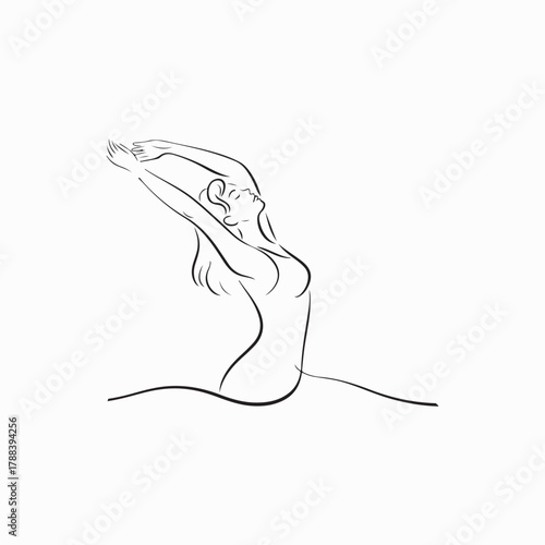Woman stretching arms waking up line art illustration