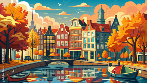 Very beautiful panoramic autumn view of Amsterdam, Netherlands, featuring colorful fall foliage, classic Dutch canals, historic canal houses, calm water reflections, and a realistic vibrant European m