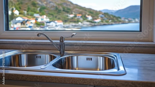 Stainless steel kitchen sink with a faucet in front of a window overlooking a mountainous landscape