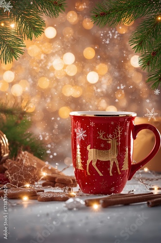 Cozy winter drink with festive decorations and warm lights