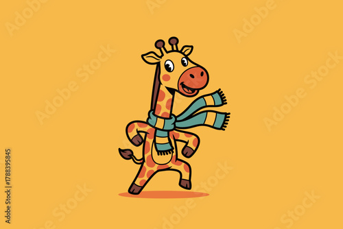 Cute Cartoon Giraffe Wearing a Striped Scarf.