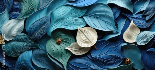 Elegant array of blue and white sculpted leaves