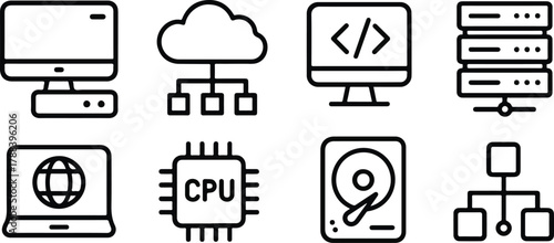 Computer technology icon set with cloud, server, and coding symbols