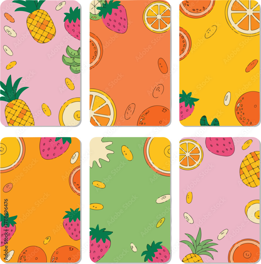 Fototapeta premium Colorful fruit themed background designs with pineapple, strawberry, and citrus.