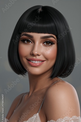 Smiling woman with sleek black bob hairstyle poses against soft background