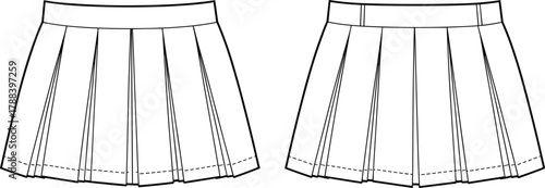 Pleated mini skirt technical flat, fashion CAD drawing front and back view, vector apparel design, garment pattern template illustration