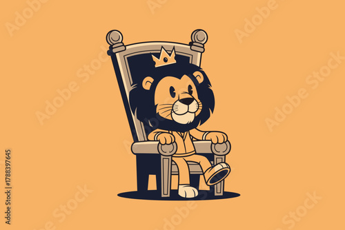 Cute cartoon lion king wearing a crown sitting on a majestic thr