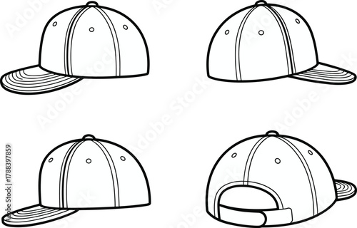 Snapback cap technical drawing, flat vector illustration of baseball hat, CAD fashion template, adjustable cap mockup, design outline, editable accessory